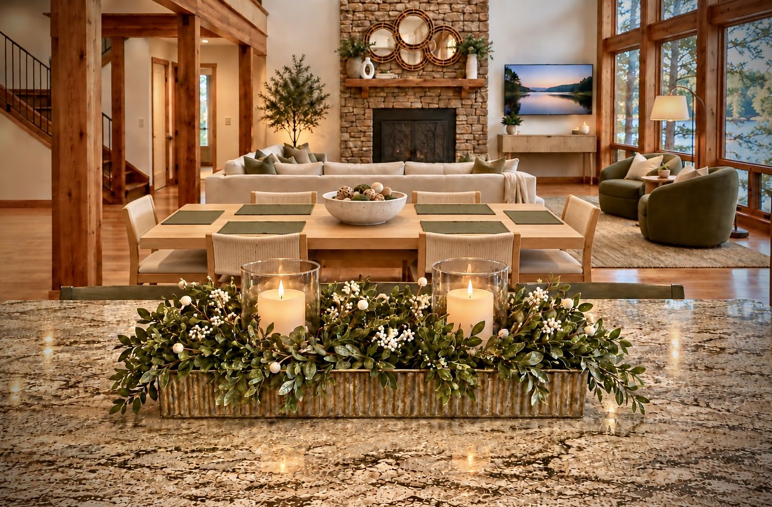 Actual dining and gathering area with stone fireplace, cedar beams and lake-facing windows