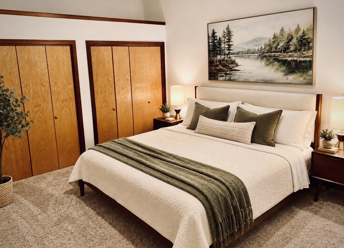 Green king bedroom at The Retreat at Brushy Lane