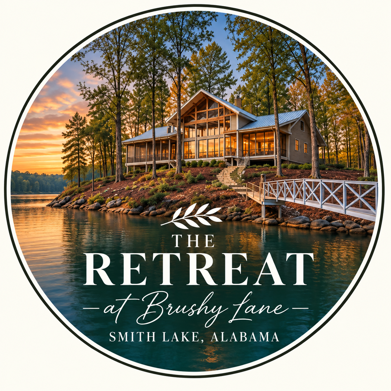 The Retreat at Brushy Lane official circular logo showing a lake home without a lower level, with olive branch